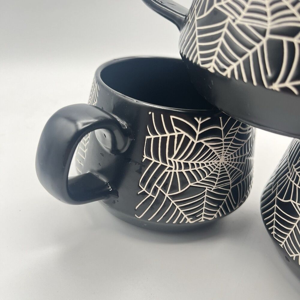 COCO + LOLA Halloween Spiderweb Set of 3 Coffee Mugs Black Cups Mug - Picture 4 of 13